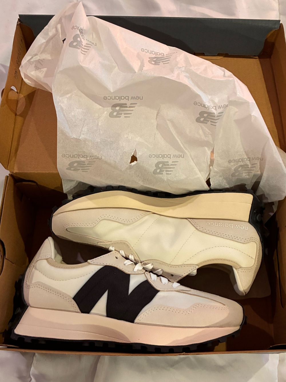 New Balance Women's 327 Shoes Cream & Black Runner Sneakers